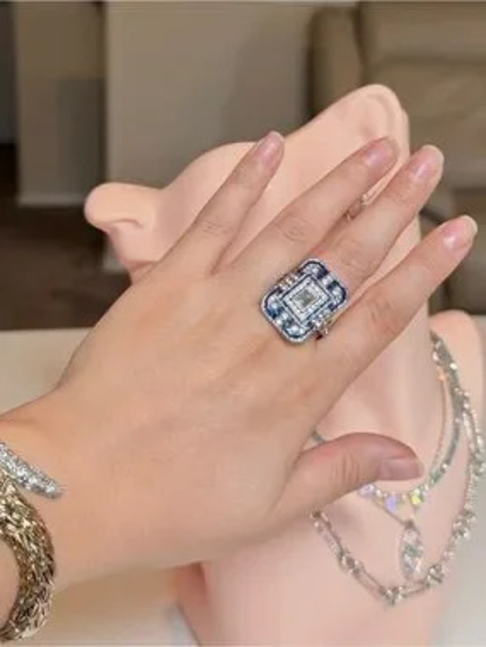 Elegant Blue Enamel and Clean Gems Statement Ring